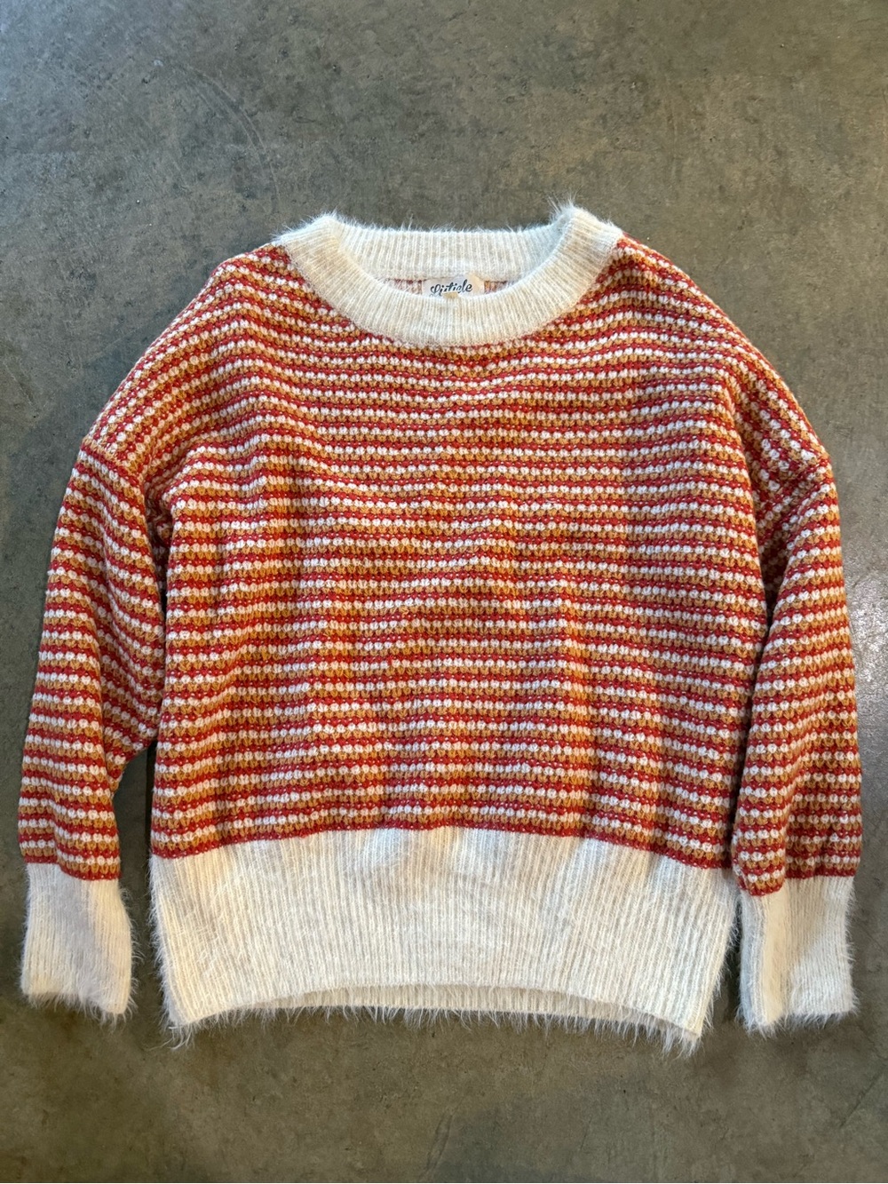 Listicle Red and Cream Striped Fuzzy Crewneck Sweater